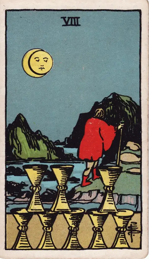 Eight of Cups tarot card, illustrated by Pamela Colman Smith, 1909